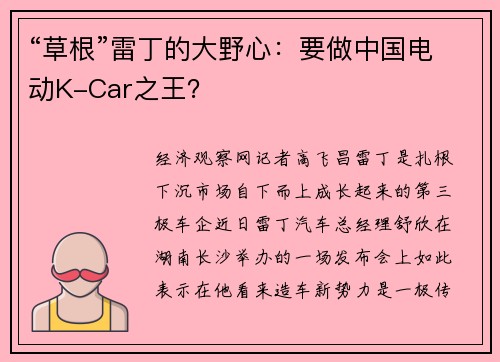 “草根”雷丁的大野心：要做中国电动K-Car之王？